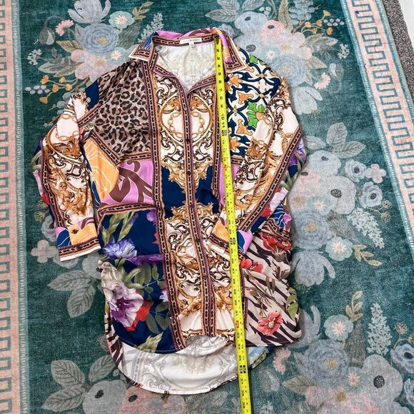 Her Bottari Shirt Dress Large Multicolor Patchwork Long Sleeve Button Front Mini - Picture 13 of 15